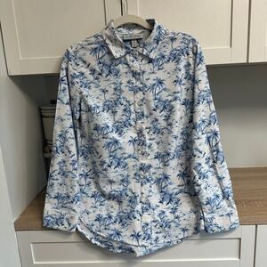 Coolibar Button Down Shirt Womens Small Blue White Palm UPF 50+ Beach Tropical